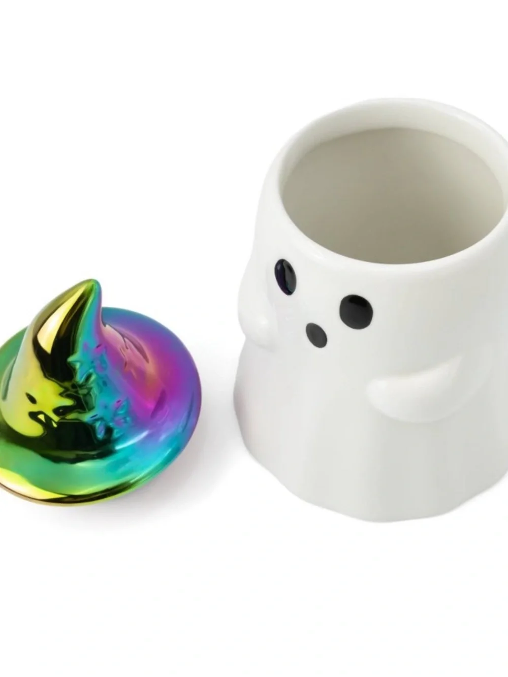 New! White Ceramic Ghost Figurine w/ Iridescent Hat as Lid Bullseye Playground
